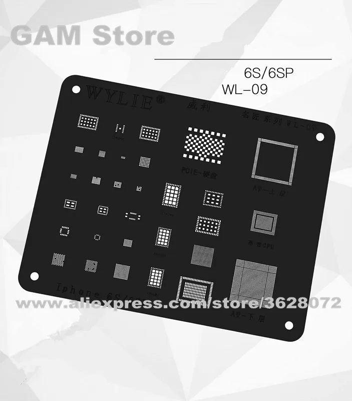 

WYLIE WL-09 For iPhone 6S/6S Plus Black BGA Stencil A9 CPU RAM Nand Reballing IC Solder Tin Plant Net Heat Template Suare hole