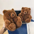 Новинка 2021, женские домашние мягкие Нескользящие симпатичные Тапочки из искусственного меха, зимняя теплая обувь, женские плюшевые тапочки с мультяшным медведем