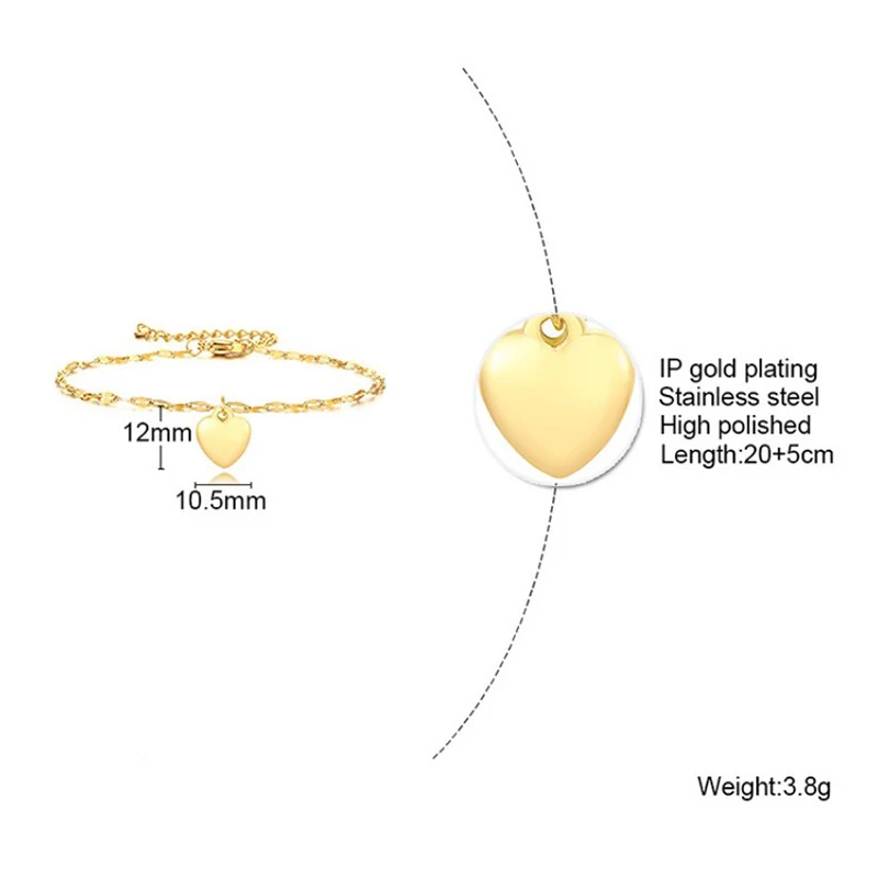 

5pcs/lot New Style Stainless Steel Gold Color Heart Bracelet Chain Bracelets Women Jewelry Summer Party Gifts