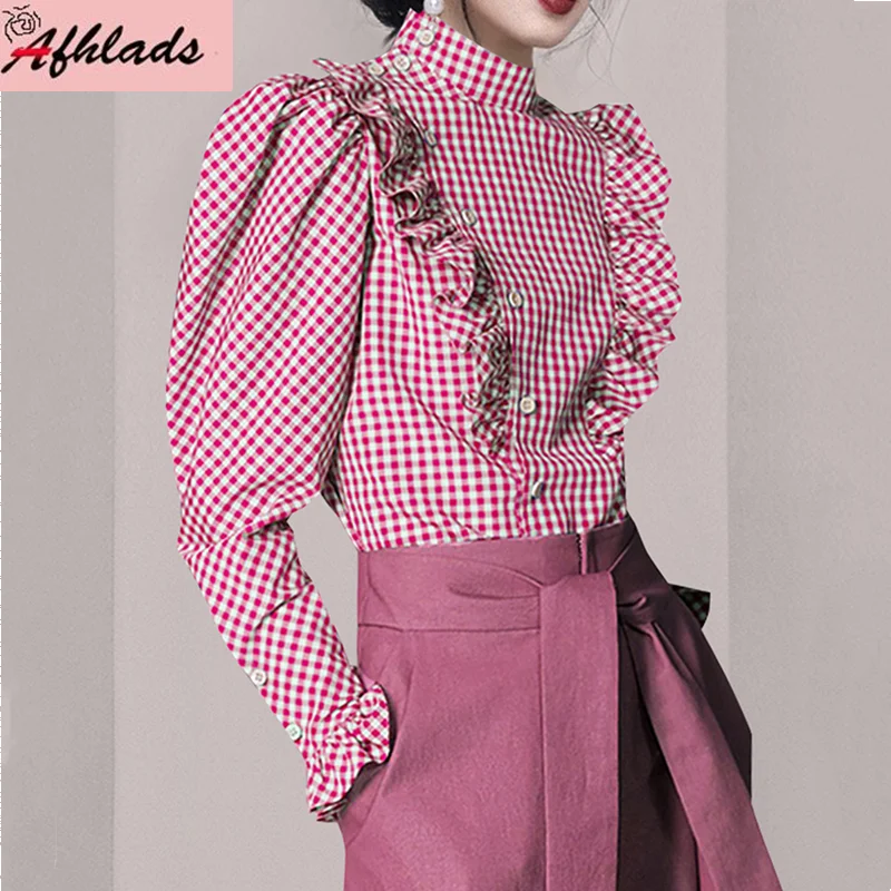 

Spring New Style Stand-Up Collar Plaid Shirt Women's Clothing Long Sleeved Ruffles Patchwork Slim Office Lady Fashion Blouse