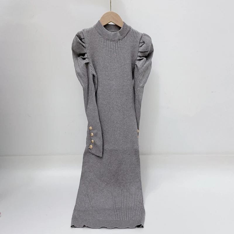 

Женское трикотажное платье-свитер средней длины, облегающее платье-футляр на пуговицах с высокой талией и пышными рукавами, Осень-зима 2021