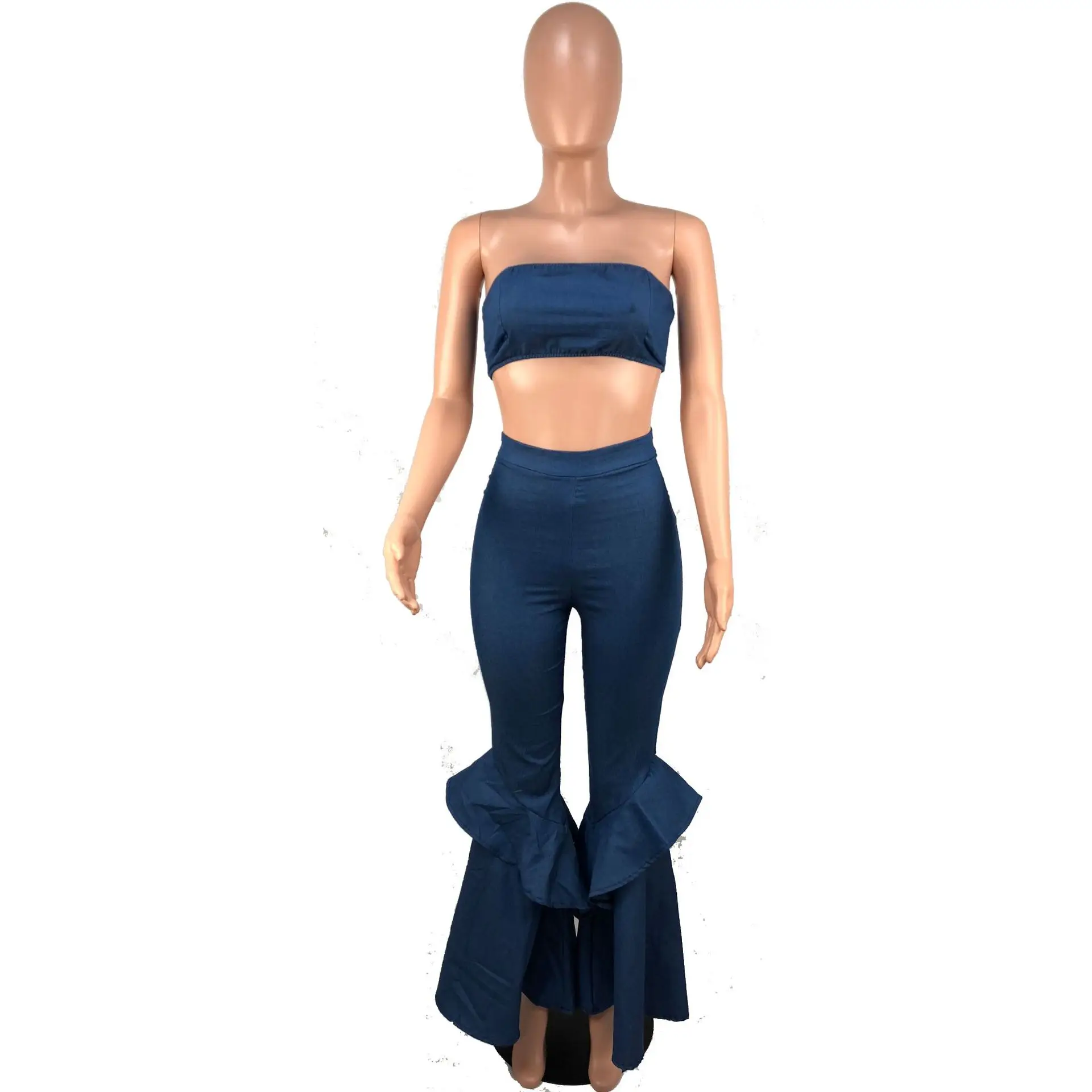 Пикантные джинсовые женский комплект 2 шт. брюки и CropTop-голубым воротом, женские, с расклешенным комплект со штанами Повседневное Для женщин набор в комплекте с набором подходящих сумочек плюс Размеры