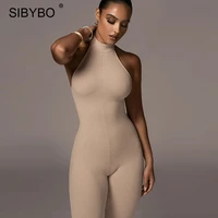 sibybo black knitted ribbed backless jumpsuit women sexy off the shoulder slim rompers femme elastic casual fitness overalls