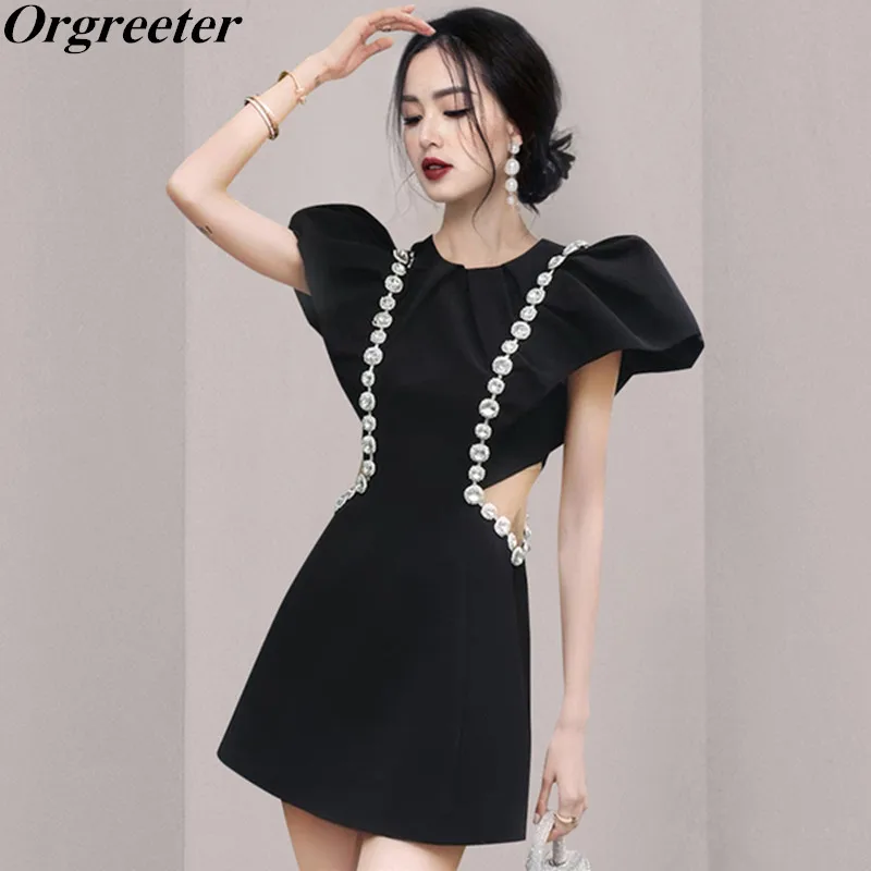 

Fashion Prom Style Black Mini Dress Hollow out waist Diamonds Chain Puff sleeve A-line Party Short Dress Women Clothing