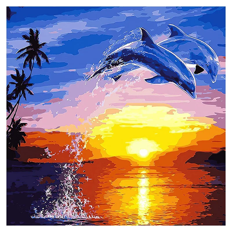 

Adult Paint By Number Kits On Canvas 16X20 Inch DIY Acrylic Painting Kit For Kids & Adults Beginner- Sunset Dolphin