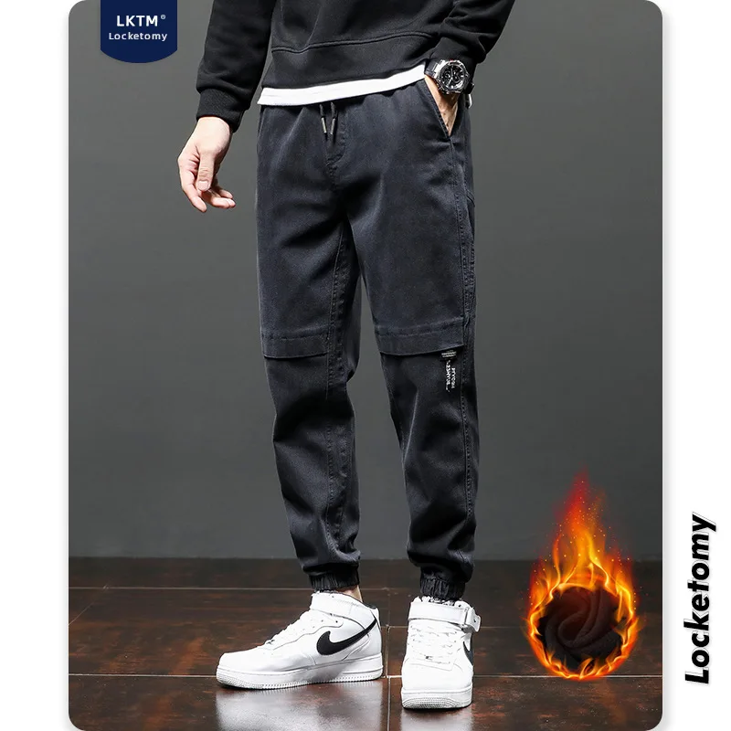 

Men's Casual Pants Autumn and Winter New Sports Pants Men's Plus Velvet Thick Loose Black Overalls Streetwear спортивные штаны
