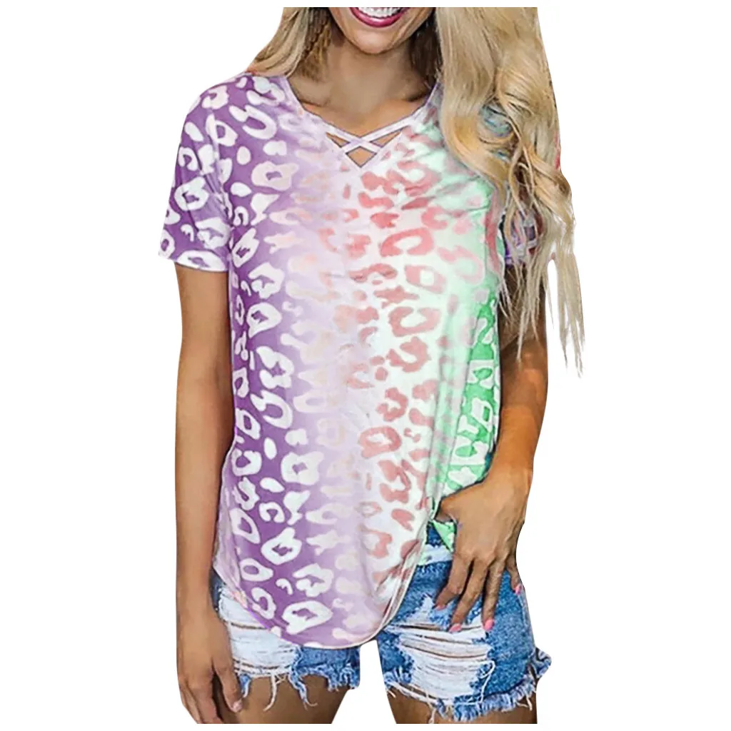 Womail 2020 Summer Women's t-shirt Fashion Tie-Dye Leopard T Shirts Harajuku Casual Cross V-Neck Gradient Short Sleeve Tee Tops | Женская