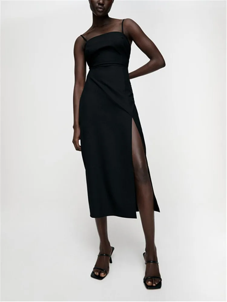 

Женское платье на бретельках ZA, черное платье средней длины с разрезом, простое прямое платье для женщин, лето 2021