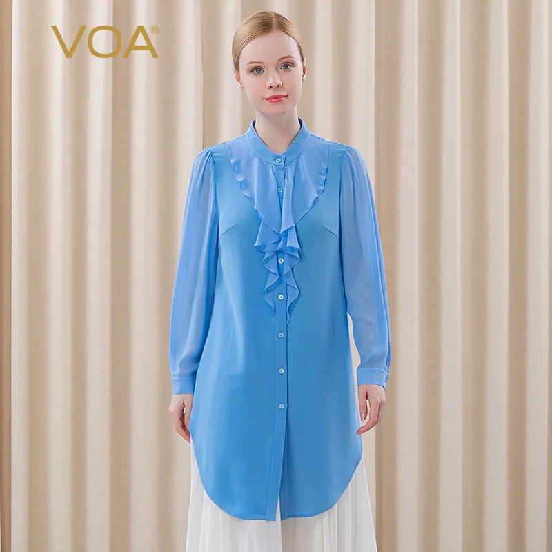 

VOA 41m/m Heavy Silk Vertical Collar Long Sleeve Splicing Door Lotus Leaf Side Single Button Long Shirt BE319 Women Blouses