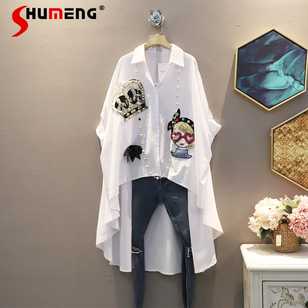 

2021 Spring Autumn New Korean Style Leisure Women Shirt Lapel Sequined Patch Irregular Top Short Sleeve Large Size Blouse