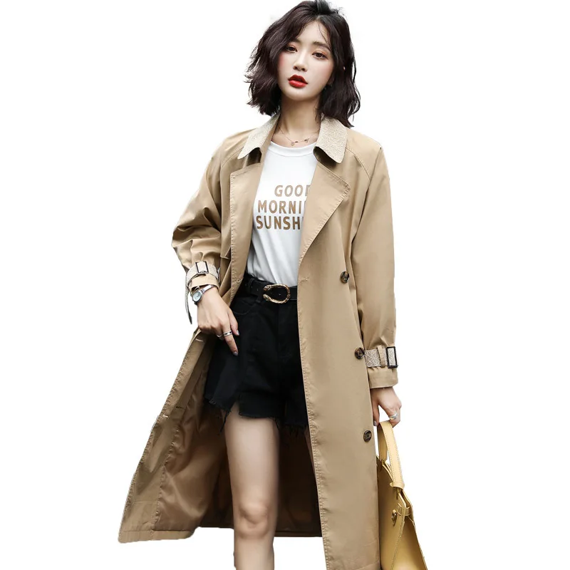 

Autumn Double-breasted Lace Patchwork Long Trench Coat For Women 2019 Casual Pockets Khaki/Blue Trench With Belt abrigo mujer