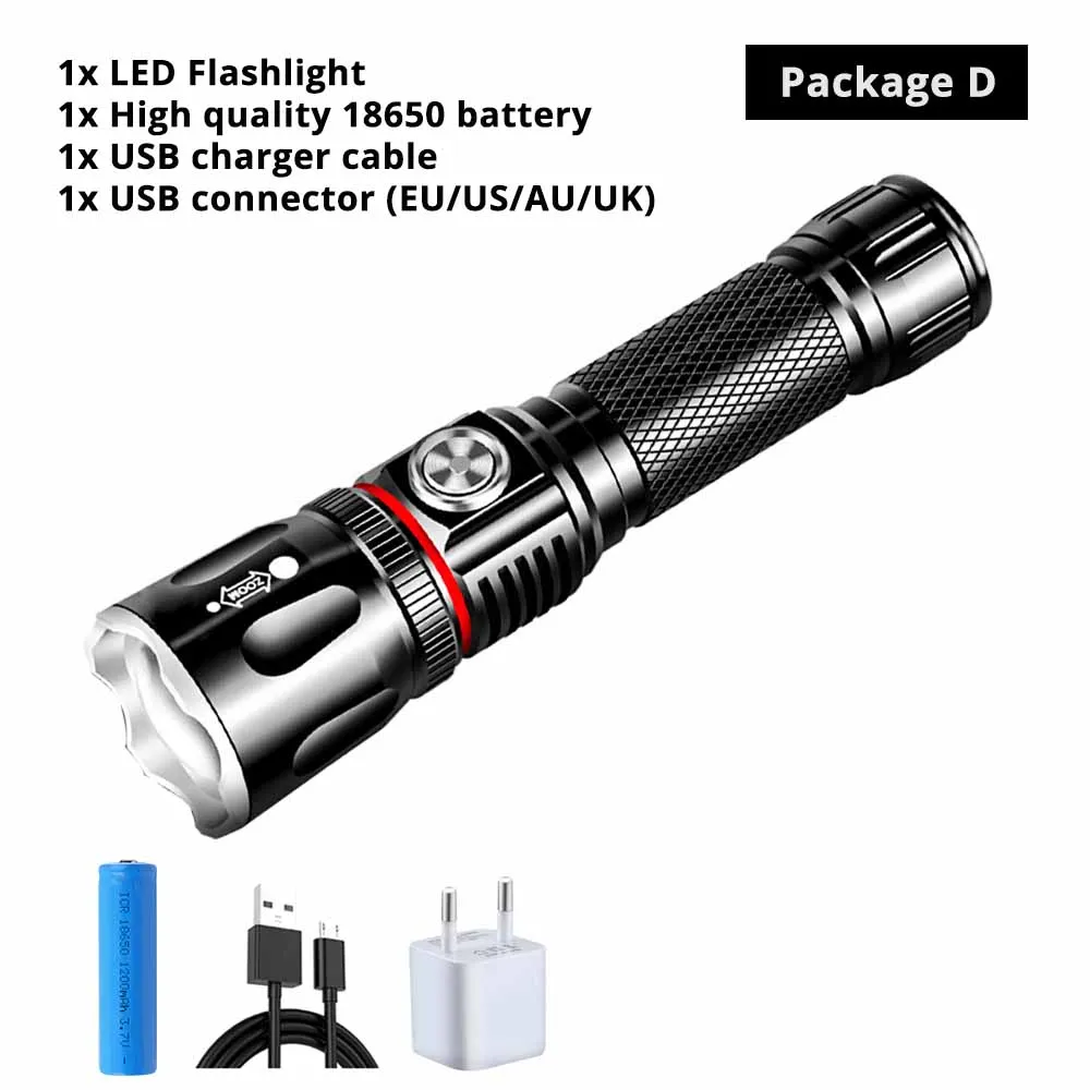 Package D Usb зарядка высококлассный светодиодный фонарик окружающий COB лампа+ с магнитом на хвостовой части дизайн Поддержка зума 4 режима освещения водонепроницаемый фонарик - Испускаемый цвет: Package D