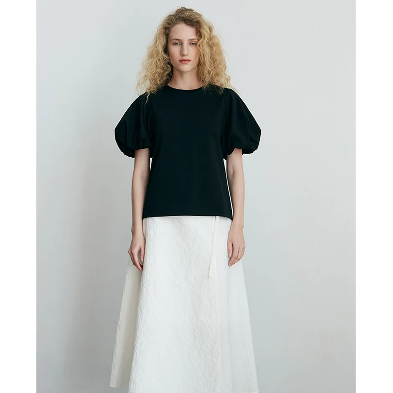 

2021 spring and summer new two-color cotton puff sleeve round neck loose temperament casual fashion T-shirt women