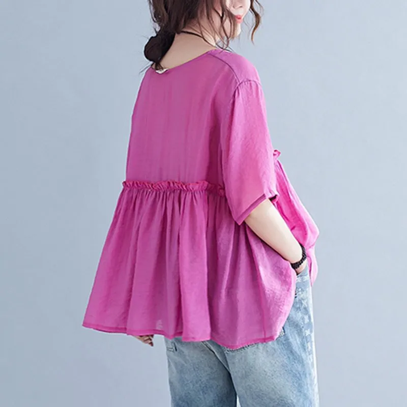 

Women Cotton Linen Casual T-shirts New Arrival 2021 Summer Vintage Style V-neck Solid Color Loose Female Tops Tees S3787