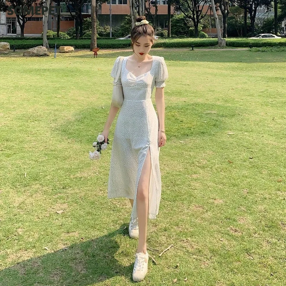 

French Chiffon Dress Women Puff Sleeve Point Print Vintage Retro Dress Office Lady Casual Summer Elegant Split Dress Women