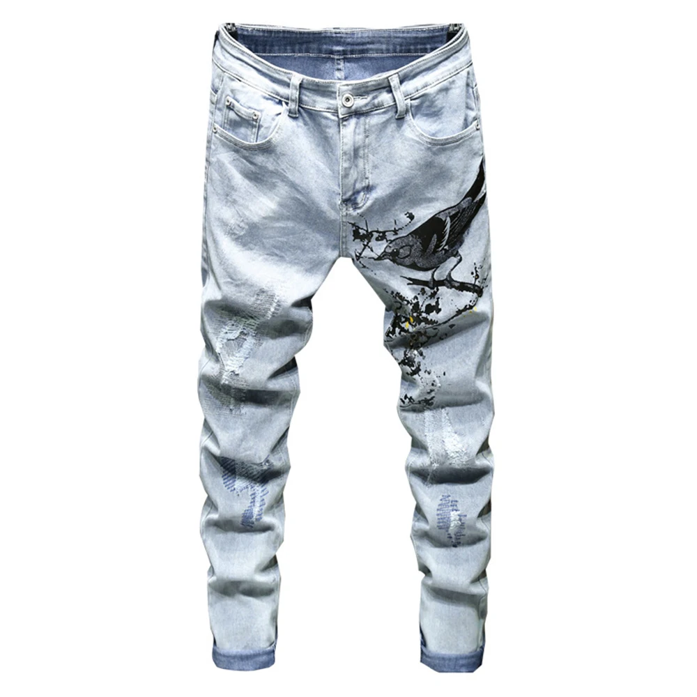 

Men's Bird Printed Denim Jeans Fashion Patchwork Ripped Slim Pencil Pants Light Blue Trousers