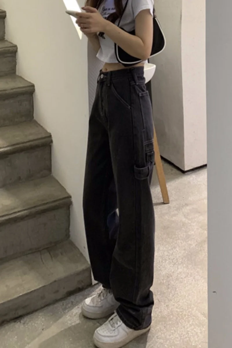 Брюки для девочек ленивые крутые Углеродные черные прозрачные прямые джинсы |