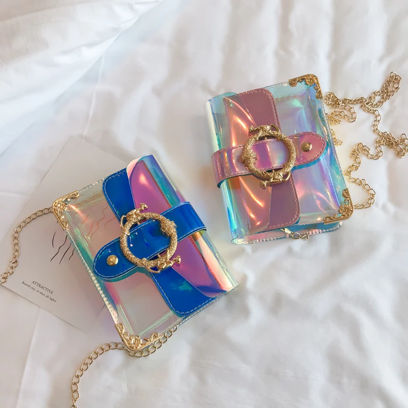 

2021 New Woman Bag Fashionable Colorful Chain Small Square Bag Laser Transparent Messenger Bag