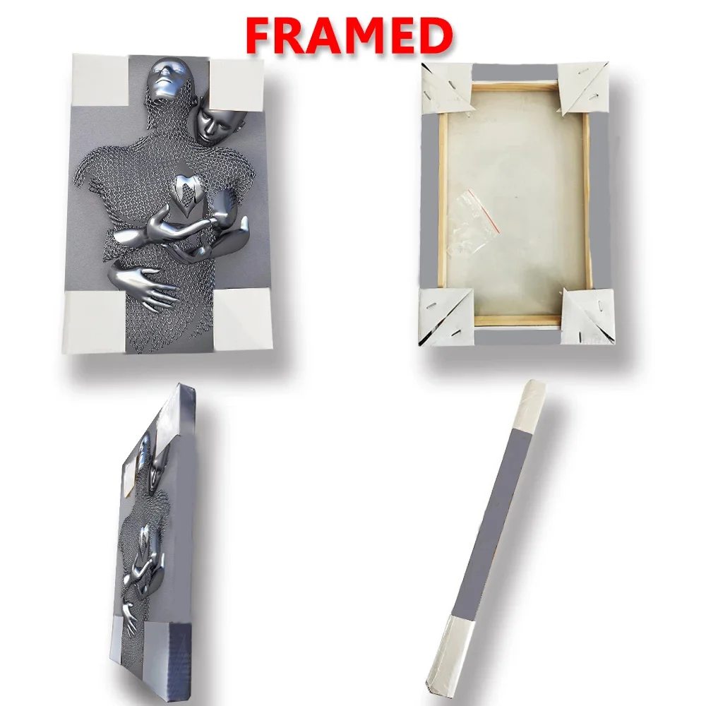 

Wooden Frame Wall Art Metal Figure Statue Art Canvas Painting Posters Prints Modern Lovers Sculpture for Living Room Home Decor