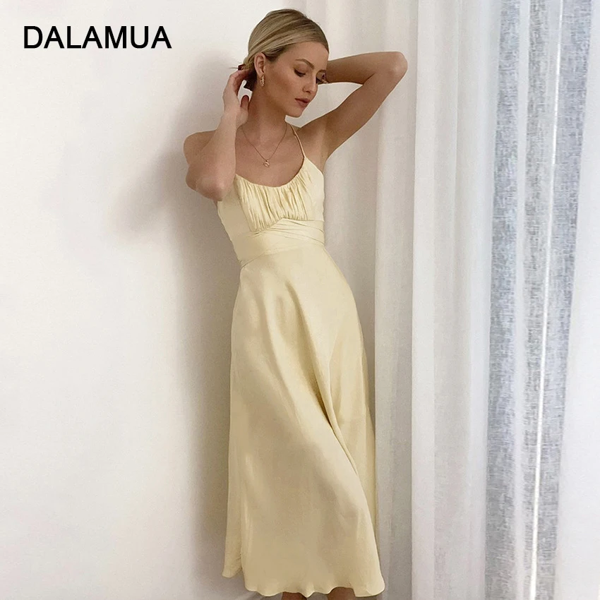 

Satin Sleeveless Dress Women 2022 Summer New Lace High Waist Solid Spaghetti Strap Lady Cross Back Soft Female Slip Midi Dresses