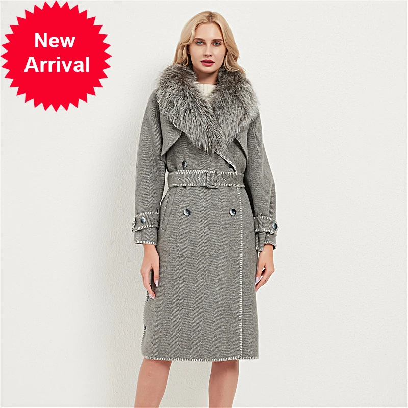 

Женское пальто из натурального Лисьего меха, Женское шерстяное пальто с воротником из меха лисы, длинные тренчи CT037