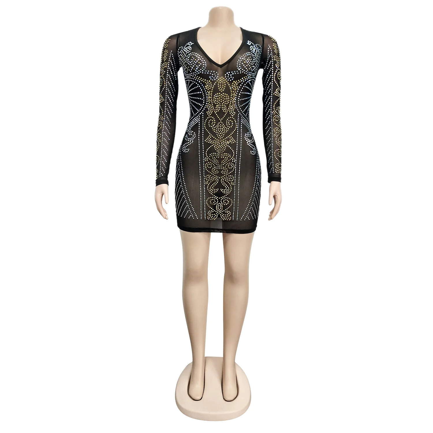 Платье мини с блестками прозрачное V-образным вырезом летнее BB3371 2020 | Женская