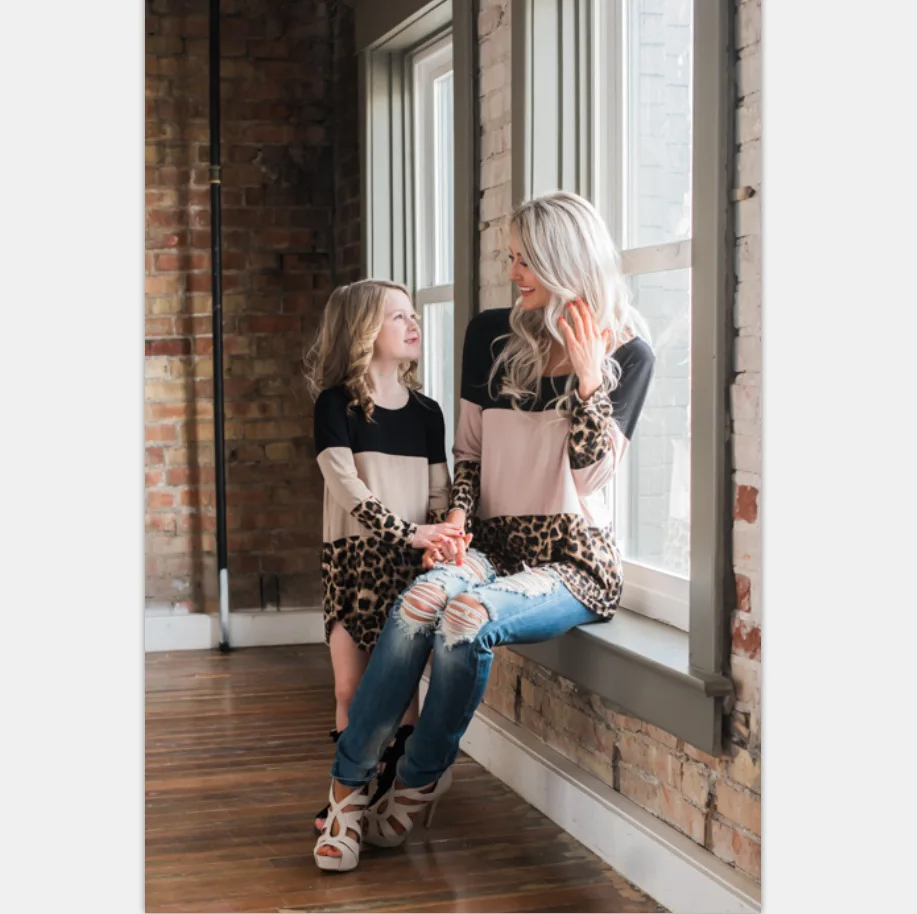 

European and American Women's Contrast Color Leopard Lace Back T-shirt Parent-Child Matching Outfit Mother and Daughter Clothes