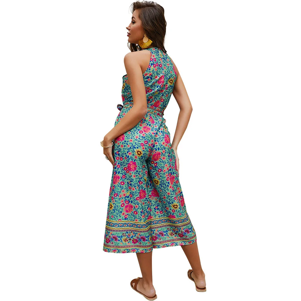 

Women Summer Floral Printed Halter Neck Summer Boho Bohemia Floucing Wide Leg Jumpsuit Playsuit Pants