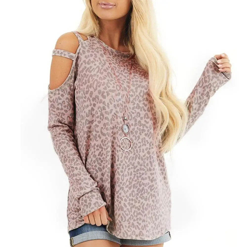 

Женский Повседневный пуловер с леопардовым принтом, топы с длинным рукавом и круглым вырезом, Женская ажурная рубашка без бретелек с длинны...