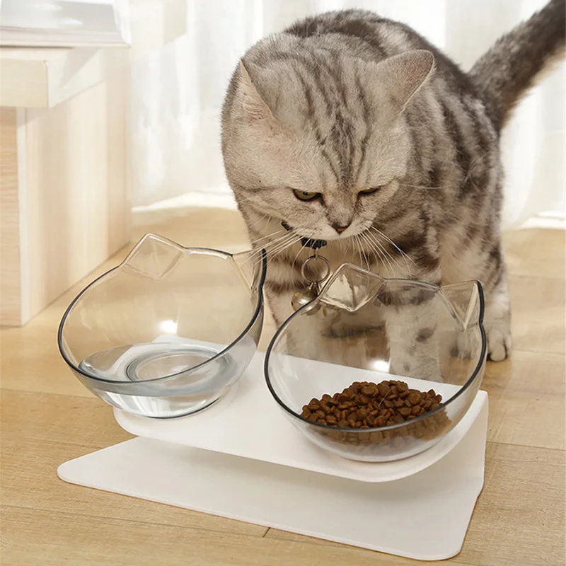 Прозрачная двойная миска для кошки из материала противоскользящая еды с защитой