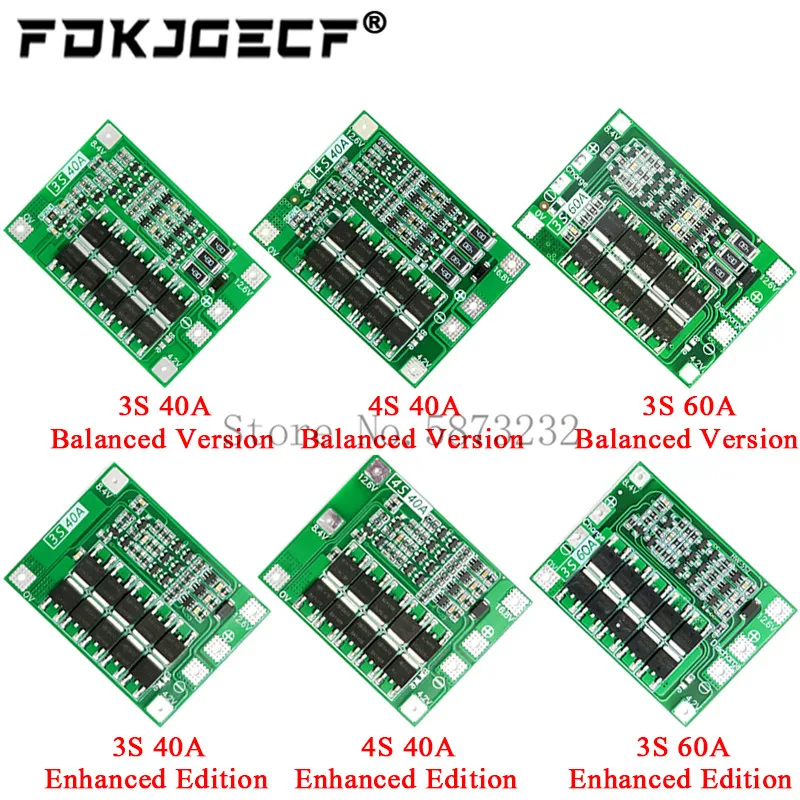 Защитная плата 3S/4S 40A/60A 18650 BMS для зарядки литий ионных батарей двигателя
