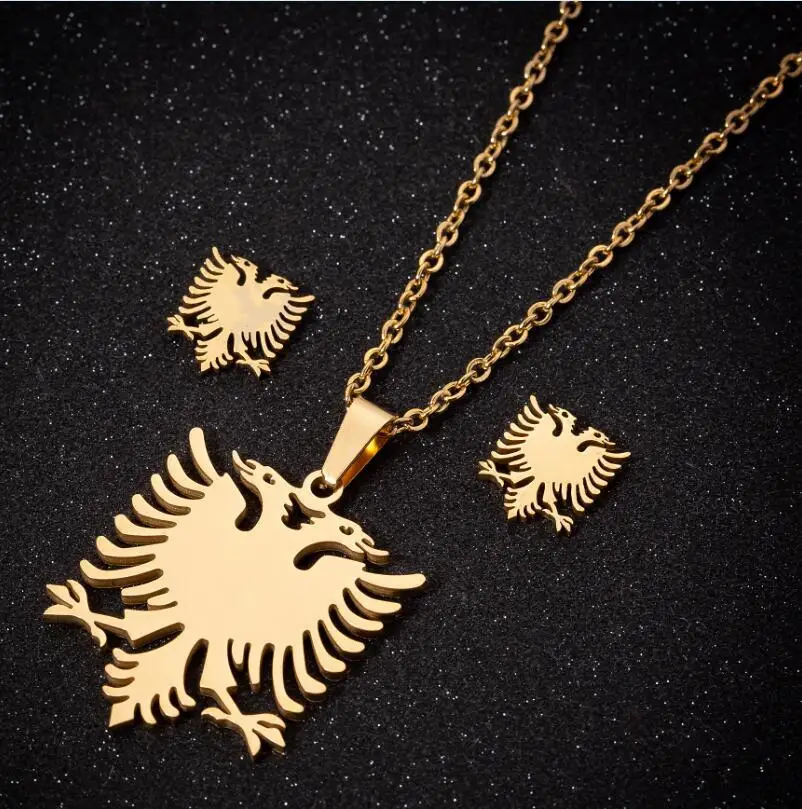 

Albania Eagle Earrings for Men Gold Stainless Steel Animal Double Head Bird Necklace Jewelry Set Ethnic Flag Gifts Collier Party