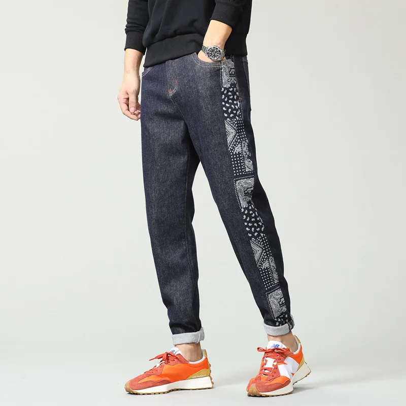 New Autumn/Winter Men's Korean Casual Slim Blue Jeans High-quality Printed Stretch Straight-leg Jeans Pants Plus Size 36 38