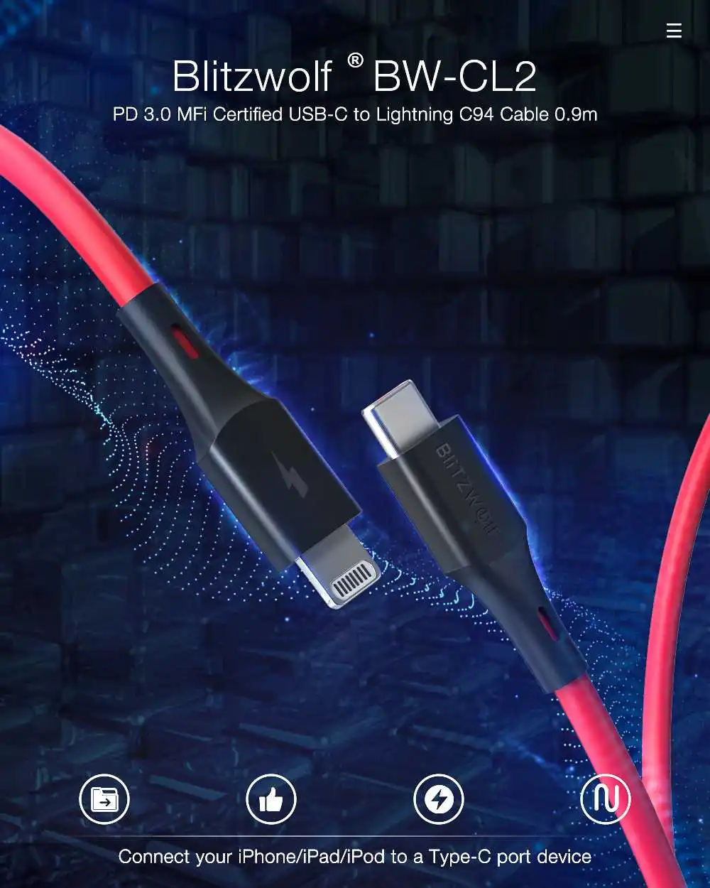 Blitzwolf BW-CL2 2.4A usb type C к Lightning MFI сертифицированные Дата зарядки Кабели PD3.0 телефон зарядное устройство ПВХ для iPhone 11 Pro Max