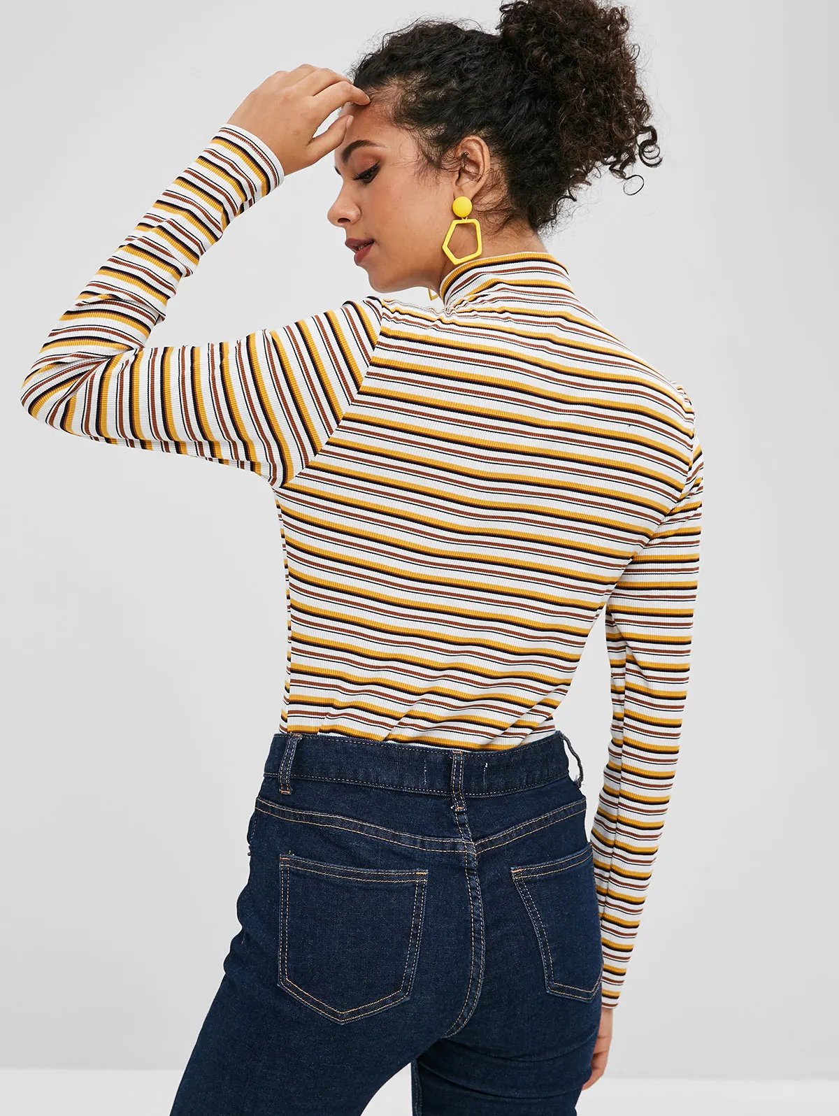 ZAFUL Женский вязаный Топ в полоску с высоким воротником на молнии длинным рукавом
