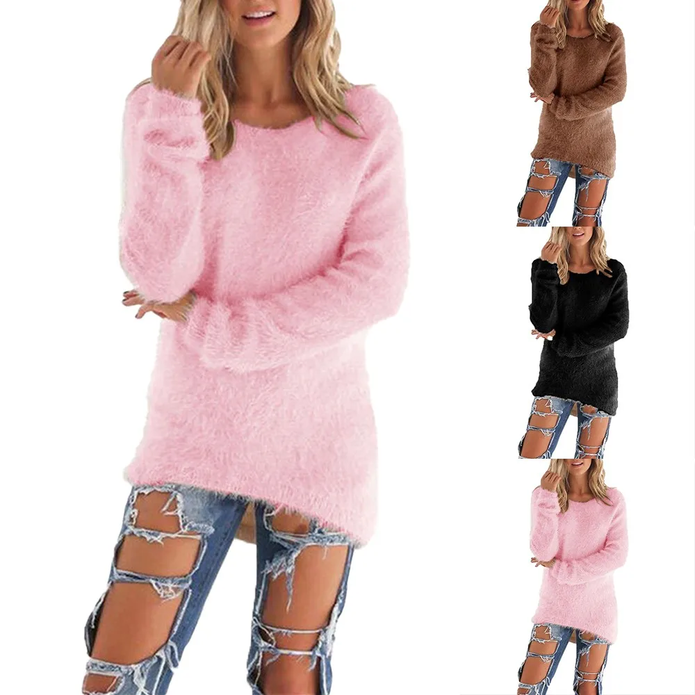 

Oversize Womens Sweet Solid Loose Warm Fluffy Fleece Jumper Sweater Fashion Long Sleeve Casual Tops