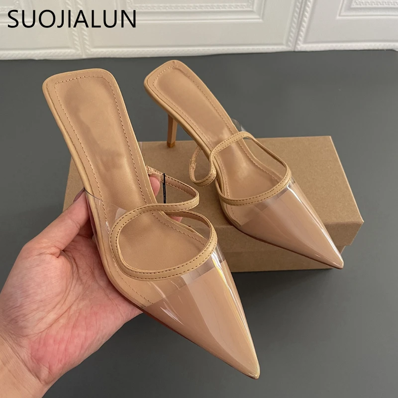 SUOJIALUN Fashion Brand Women Slipper Thin High Heel Ladies Sandal Shoes Pointed Toe Shallow Slip On Mules Outdoor Slides Mujer