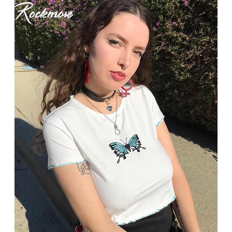 Rockmore модная женская белая хлопковая футболка синяя бабочка с круглым вырезом женская уличная Облегающая рубашка с коротким рукавом повседневные топы