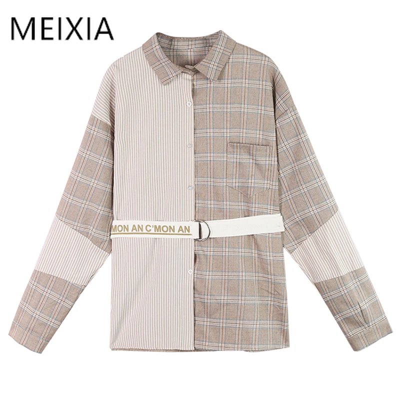 

Ttytree Autumn Asymmetrical Plaid Blouses Casual shirt Women Turn-down Collar Single-breasted Letter Sashes Tops Long Shirts