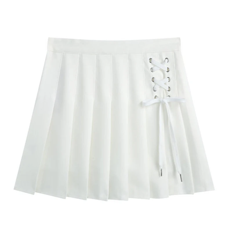

Women Pleated Skirts Lace-up New Fashion Skirts 2021 Summer Teenage Girls White Black School Skirts European American Style S-XL