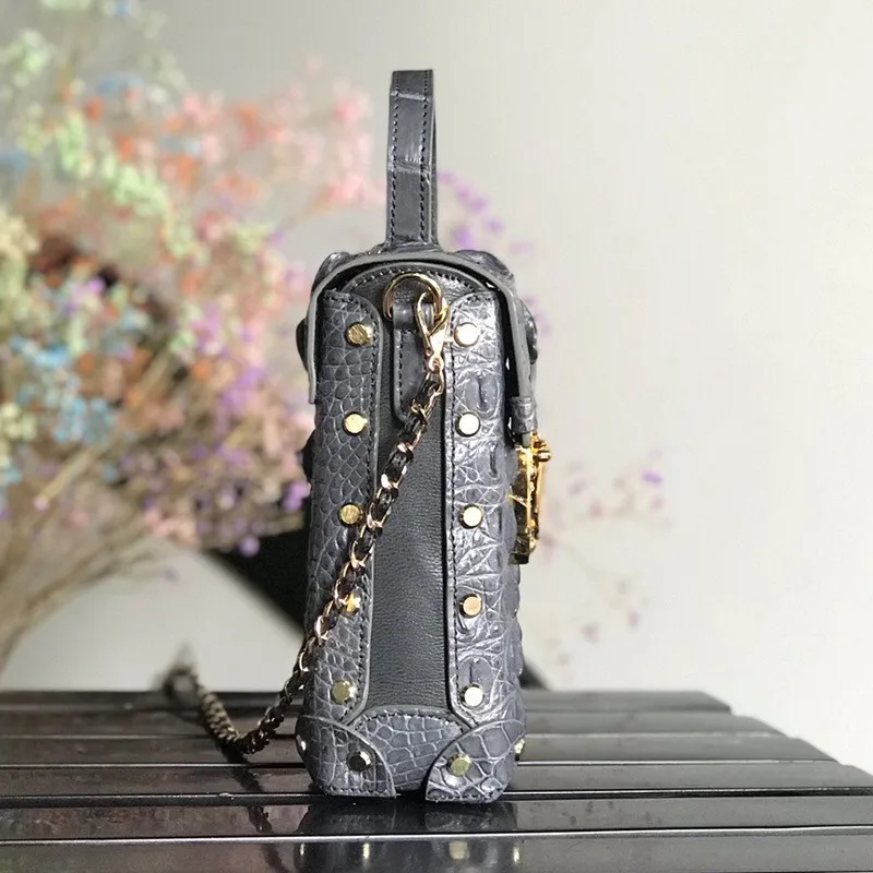 Модная дизайнерская женская мини-коробка с гвоздиками из натуральной крокодиловой кожи, женские телефонные клатчи, женская сумка на плечо на цепочке