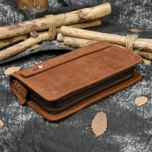Retro Zipper Long Purse With 6 Inch Phone Pouch Feature Zip Long Wallet Crazy Horse Leather Men Women Mobile Phone Purse
