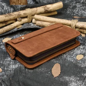 retro zipper long purse with 6 inch phone pouch feature zip long wallet crazy horse leather men women mobile phone purse free global shipping