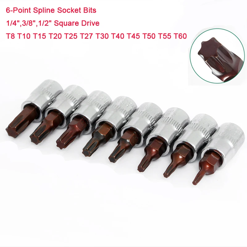 

1Pcs 1/4",3/8",1/2" Square Drive 6-Point Spline Socket Bits T8 T10 T15 T20 T25 T27 T30 T40 T45 T50 T55 T60 Torx Screwdriver Bit