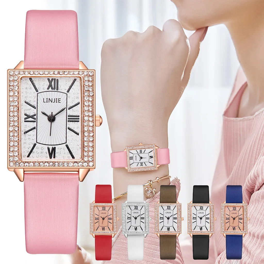 

Женские часы с квадратным циферблатом и бриллиантами, Женские кварцевые наручные часы с кожаным ремешком, женские часы Zegarek Damski