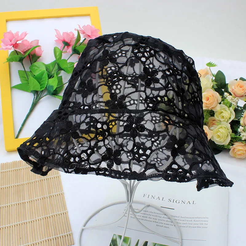 Women Flower Hollow Embroidery Lace Bucket Hat Female Summer Mesh Sun Fisherman Hat Visor