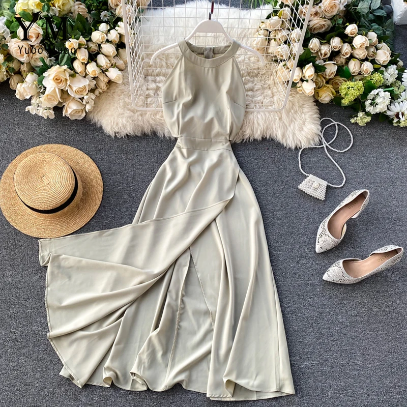 

YuooMuoo Women Summer Halter Sleeveless Long Dress Female Split Slim Waist Maxi Dress Ladies Solid A-line Party Dress Vestidos