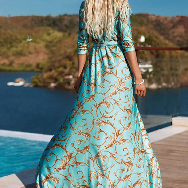 

Retro Print Sashes Long Dress Women Split High Waist Bohemian Maxi Dress 2019 Summer Beach Long Sleeve Party Dresses Robe Femme