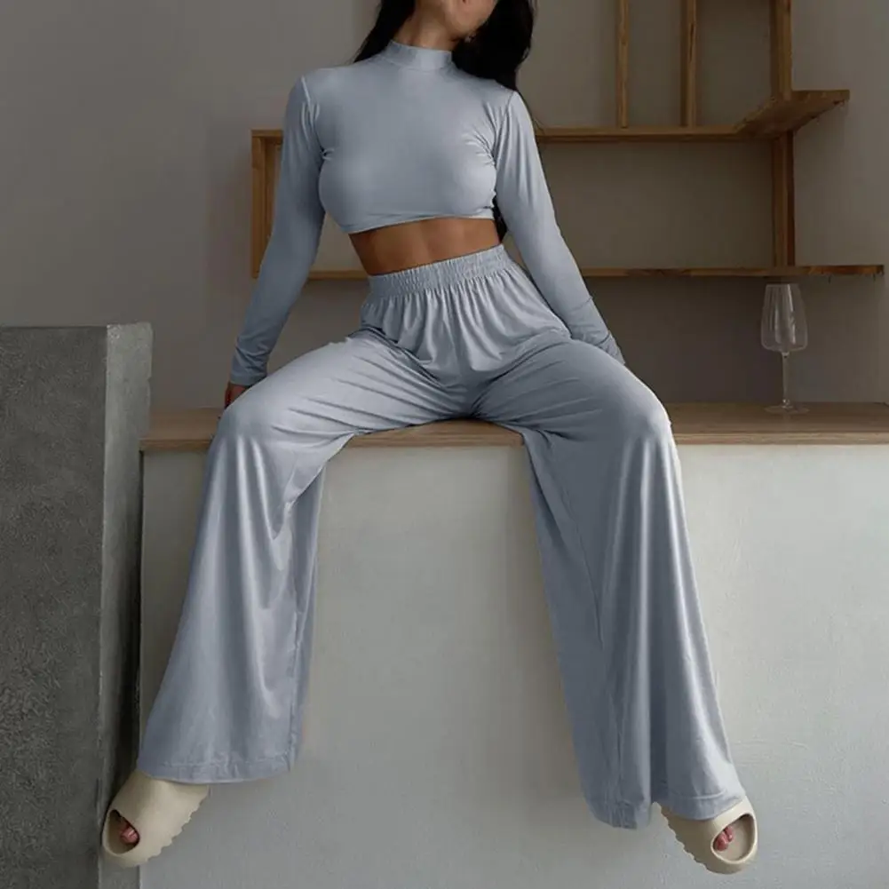 

Two Piece Set Comfy Wide Leg Cropped Top Tracksuit Skin-friendly Women Tracksuit Cropped Top for Fitness
