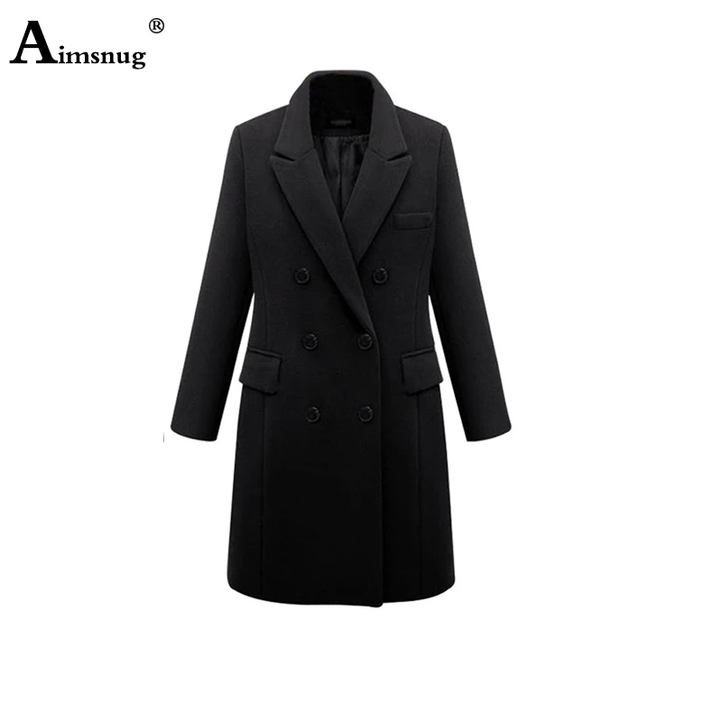 Black Aimsnug размера плюс 6XL осеннее Женское пальто с отворотом, с длинным рукавом, с высокой уличной шерстью, Тренч, Одноцветный, на пуговицах, длинная верхняя одежда, больше размера - Цвет: Black